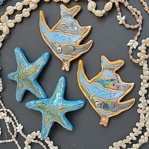 Heather Goldminc Blue Sky Fish & Starfish Undersea, seascape. Whimsical ceramic.